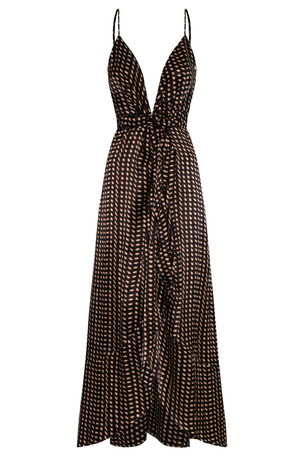 Sabina Satin Silk Midi Dress / Black & Ivory Seeds